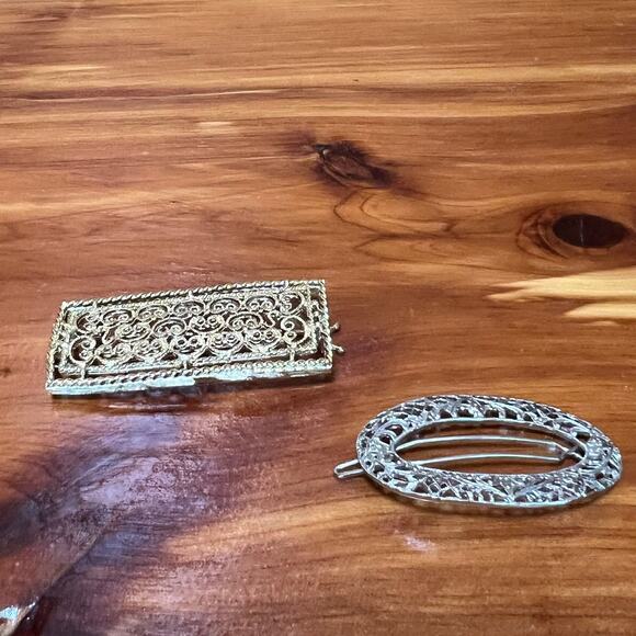 Vintage Lot 2 Silver & Gold Tone Hair Clips Barrettes MCM Victorian Metal - Picture 1 of 9